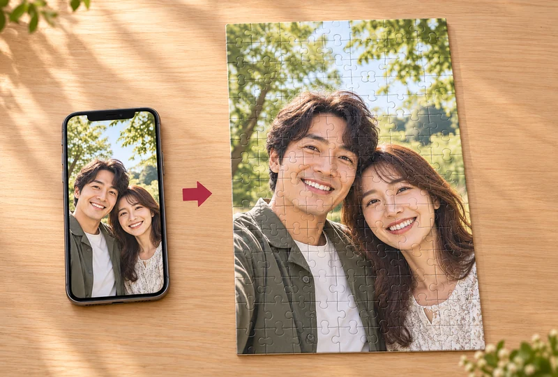 スマホの写真から同じ写真のパズルへ変わる様子を並べたイメージ