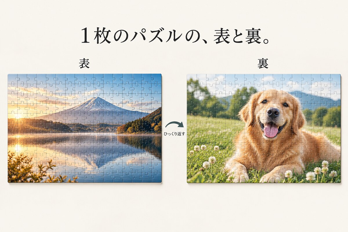 1枚のパズルの表に富士山と湖、裏に愛犬の写真を印刷できることを示すイメージ
